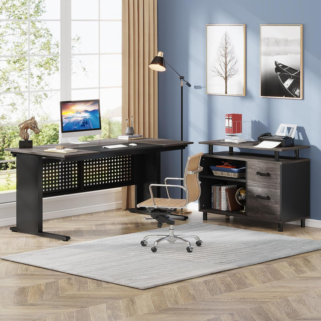 63 Inch Executive Desk with File Cabinet, L Shaped Office Desk with Drawers and Storage Shelves