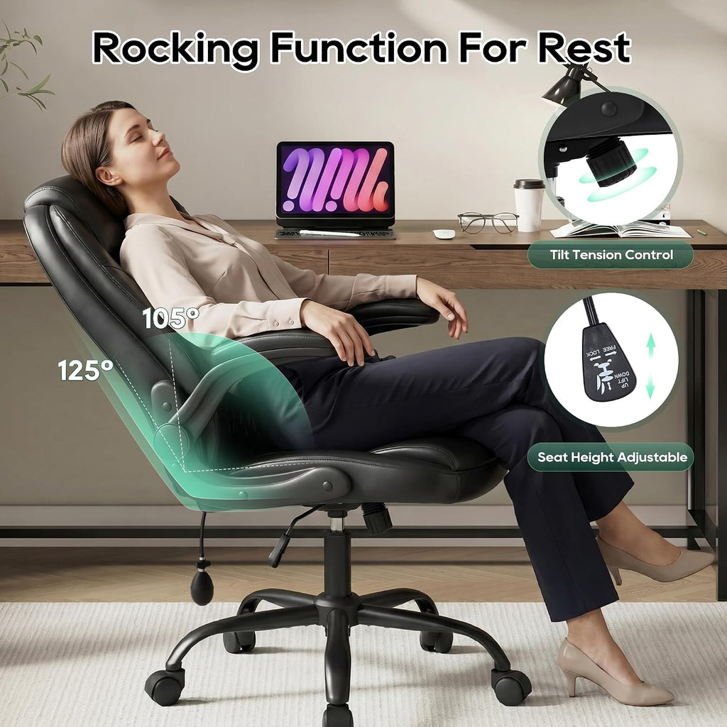 Leather, Computer Desk Chair with Adjustable Lumbar Support, Thick Cushion, Flip-Up Arms and Ergonomic Back, Comfy