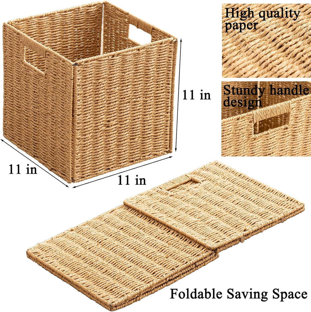 Foldable Storage Baskets with Handles Paper Rope Storage Baskets Rectangle Collapsible Hand Woven Storage Cubes Bins