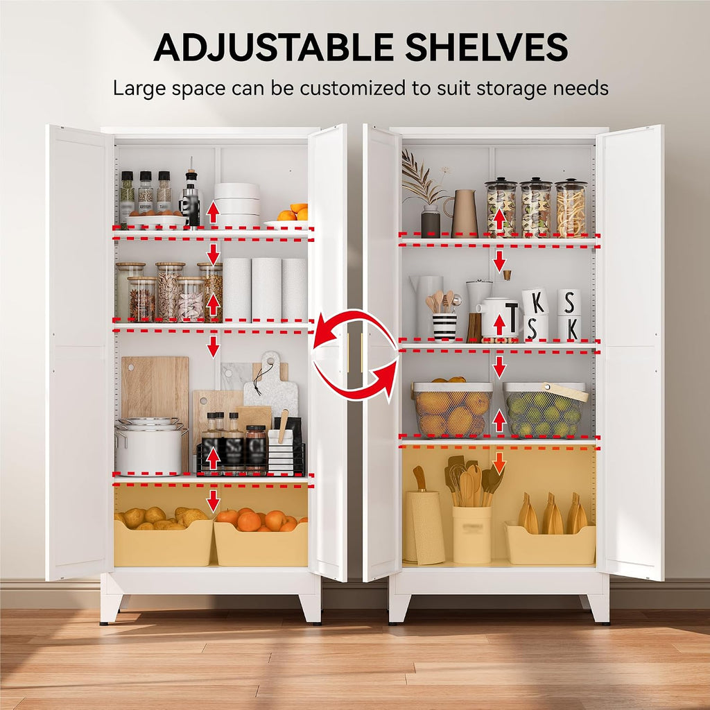 61" Metal Pantry Cabinet with Adjustable Shelves, White Storage Cabinet with Doors and Shelves, Sturdy Freestanding