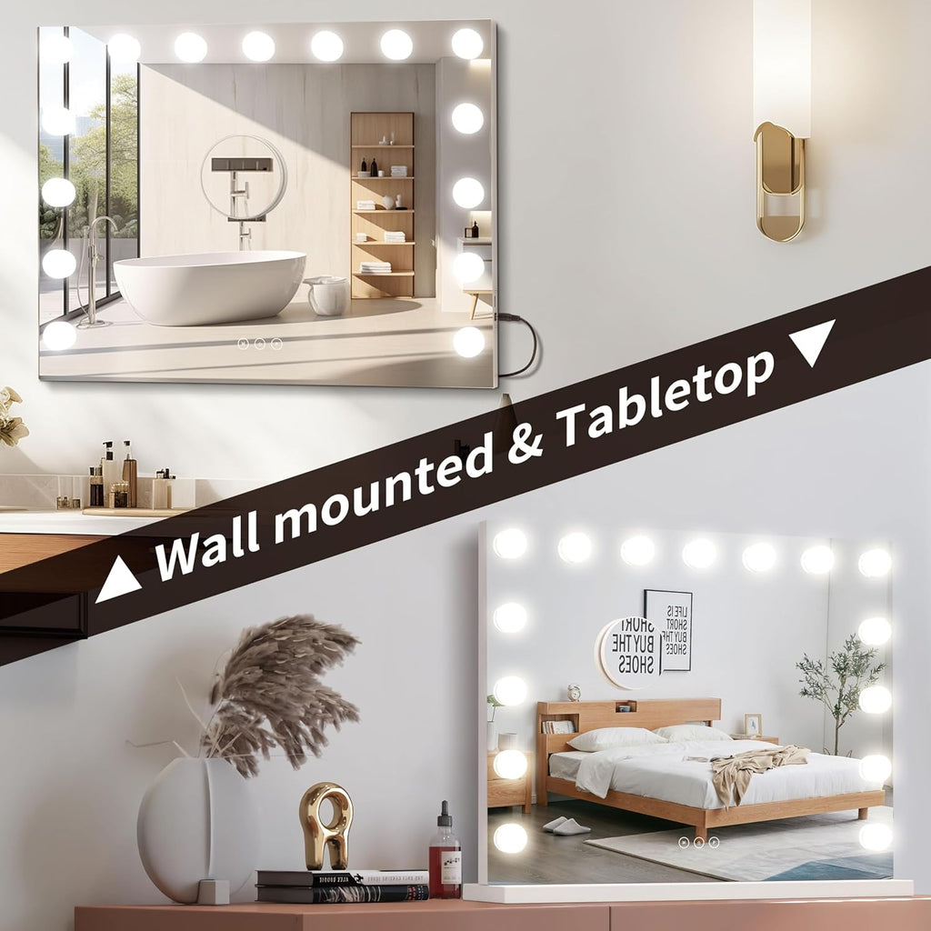 Vanity Mirror with Lights Lighted Makeup Mirror with 15 Dimmable LED Bulbs,3 Color Lighting Modes,USB Charging Port