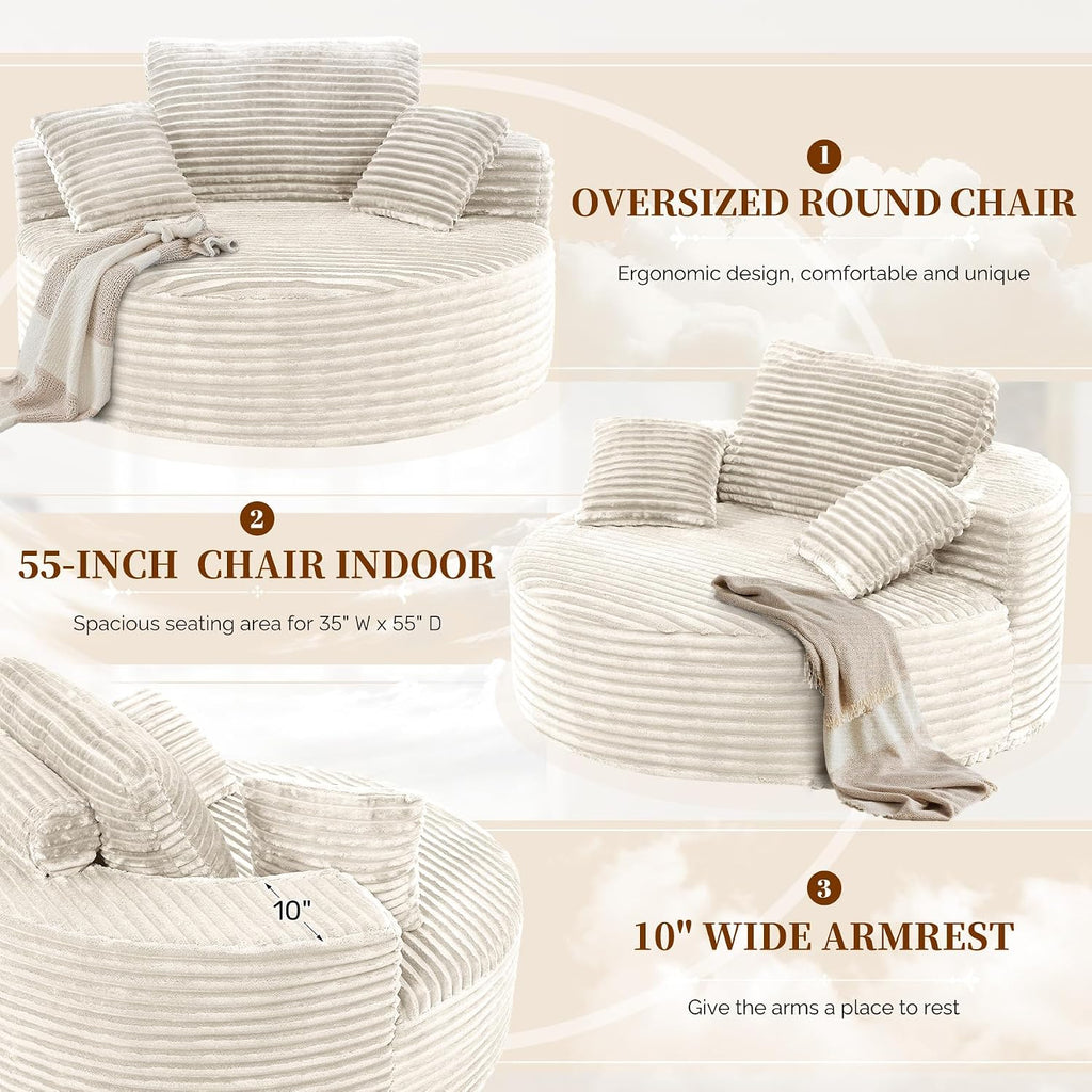 55''L 3.5CM Corduroy Single Foam Sofa, Oversized Round Chair with Pillows, Modern Sleeper s, Lounges, Nurseries and