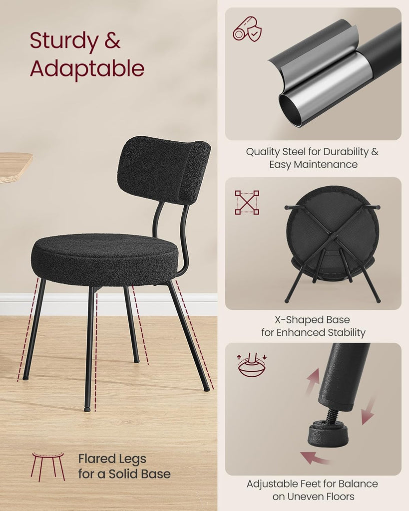 Boucle Dining Chairs Set of 2, Upholstered Kitchen Dining Room Chairs with Curved Backrest and Steel Frame