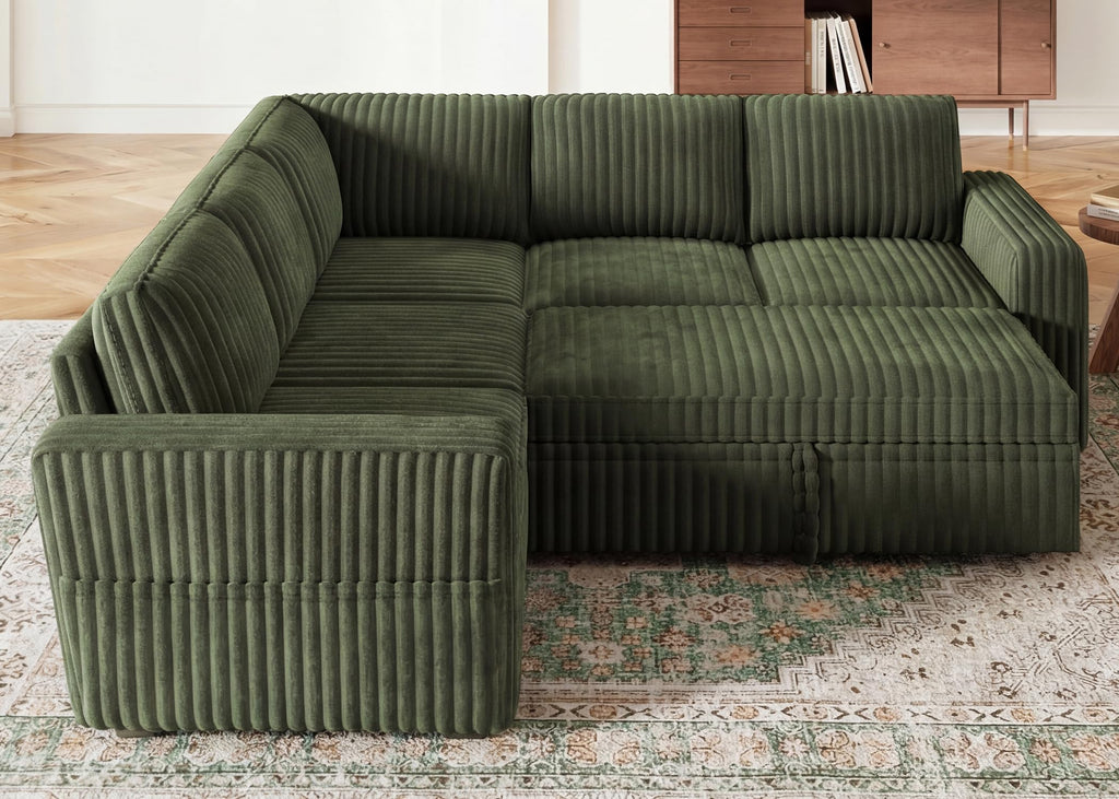 Corduroy L Shaped Sectional Sleeper Sofa with Pull Out Bed, Green
