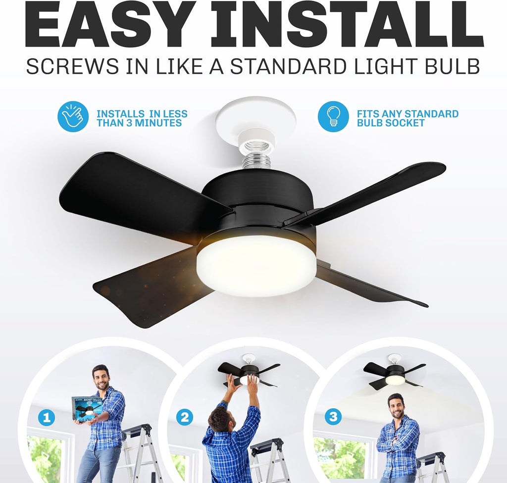 Breeze Socket Fan Light with Remote, 15.75" Cost Saving Ceiling Fans with Lights Replacement for Bedroom, Kitchen, Living Room, Warm 3500K, 1000 Lumens, Easily Screws into E26/E27