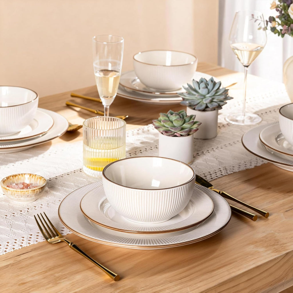 Ceramic Dinnerware Sets,12 pcs Embossed Elegant Stoneware Plates and Bowls Sets