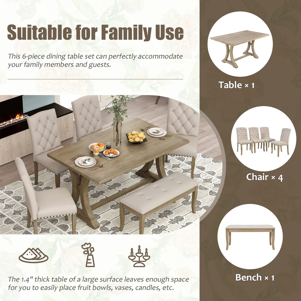 6-Piece Kitchen Dining Table Set, Farmhouse Dining Table Set with Rectangular Table and 4 Upholstered Chairs & Bench
