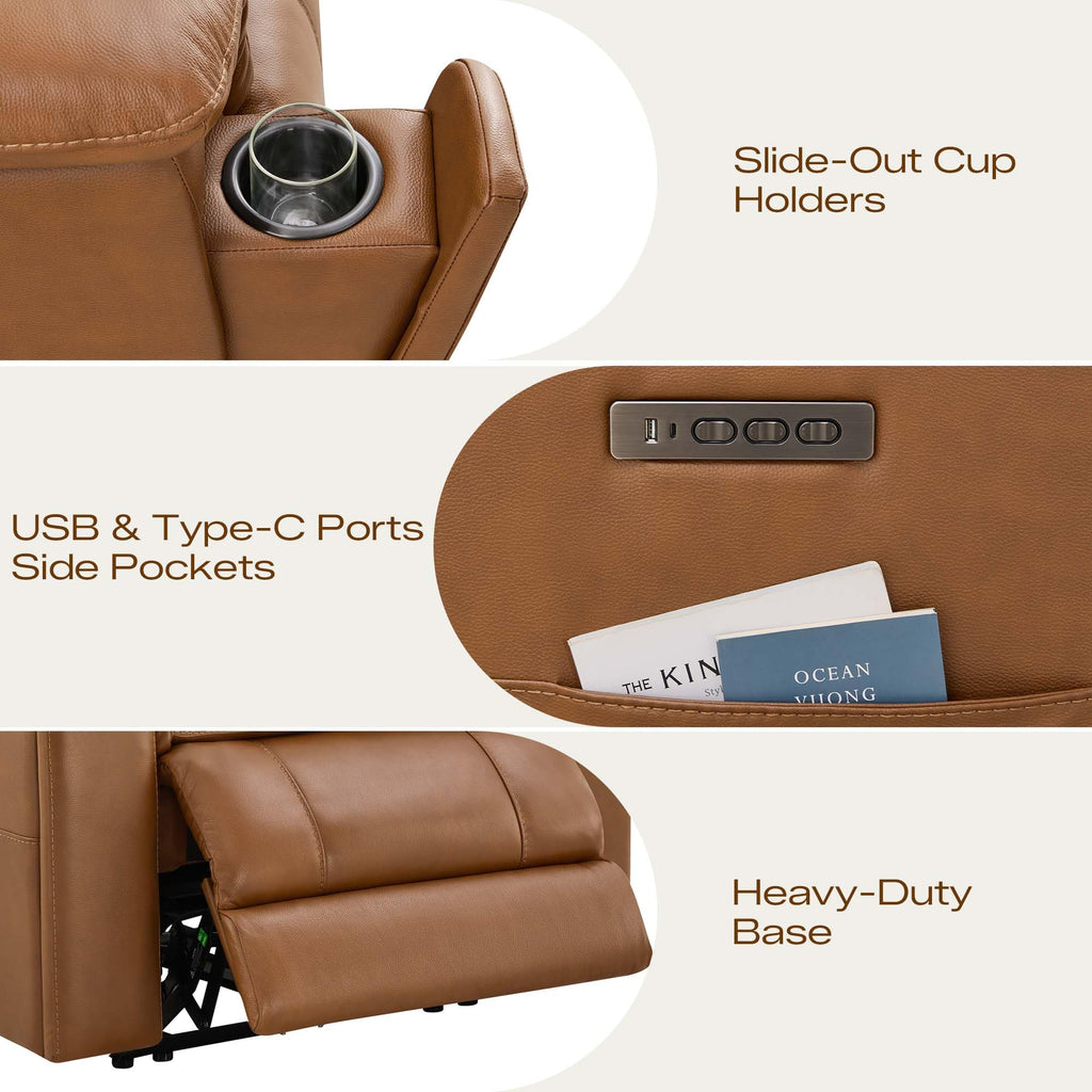 Power Recliner Chair Oversized Genuine Leather, Saddle