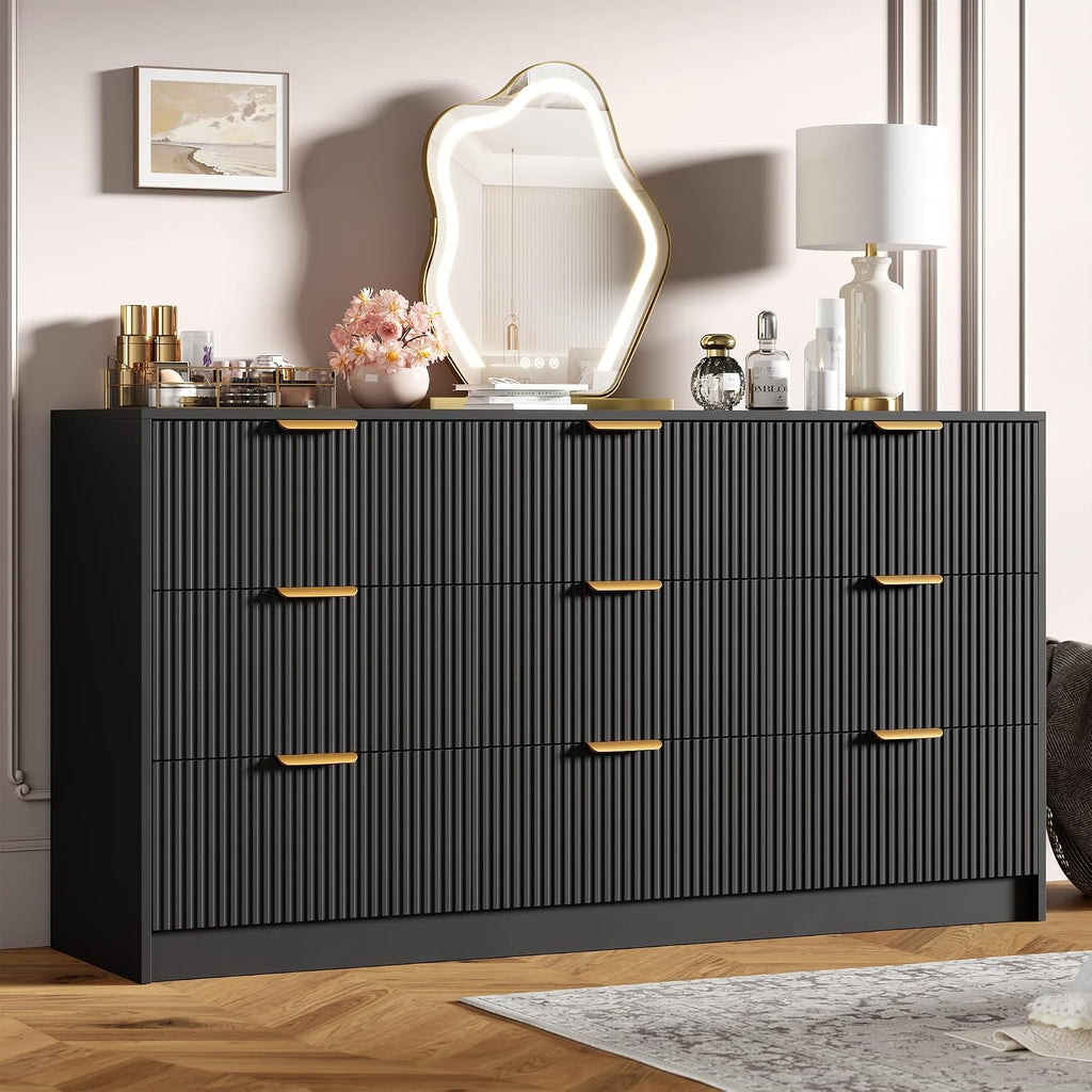 9 Drawers Dresser - Modern Fluted Chest of Drawers, Black | 59" Wide Drawers with Golden Metal Handles, Large TV