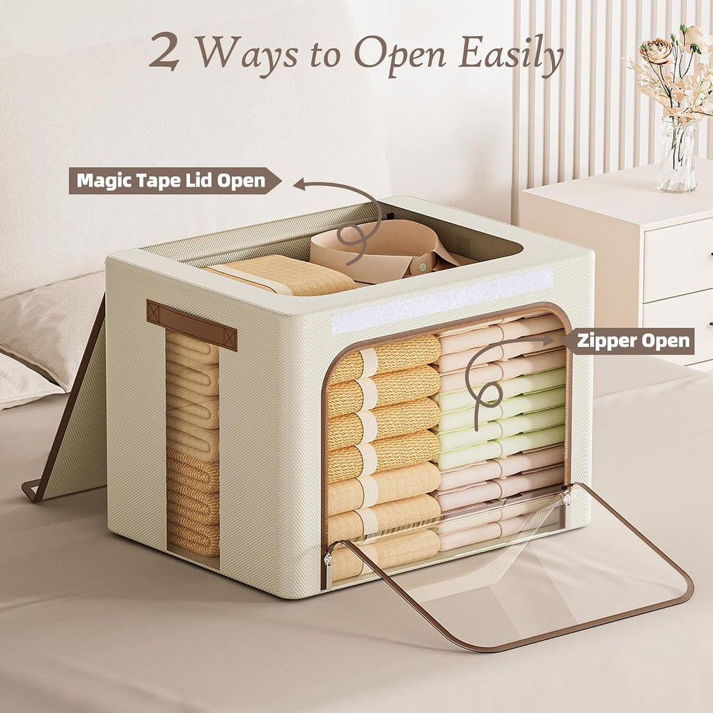 Clothes Storage Bins with Metal Frame, Foldable Clothing Storage Bin with Lid, Stackable Oxford Fabric Organizer Box