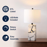 24.25" Black/White Modern Alabaster LED Table Lamp Decor, White Linen Shade