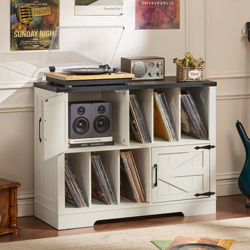 Large Record Player Stand with Vinyl Storage Up to 450 Albums, 39 Inch Farmhouse Rustic Wood White Storage Cabinet