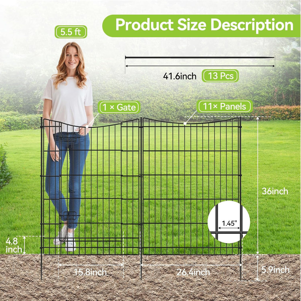Decorative Garden Fence 12 Panels 26ft(L)×36in(H) Metal Garden Fences with 11 Panels + 1 Gate, Animal Barrier Rabbit