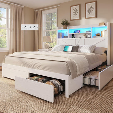 Queen Bed Frame with 6 Storage Drawers, Farmhouse Bed Frame Queen with Bookcase Headboard, LED Lights & Charging