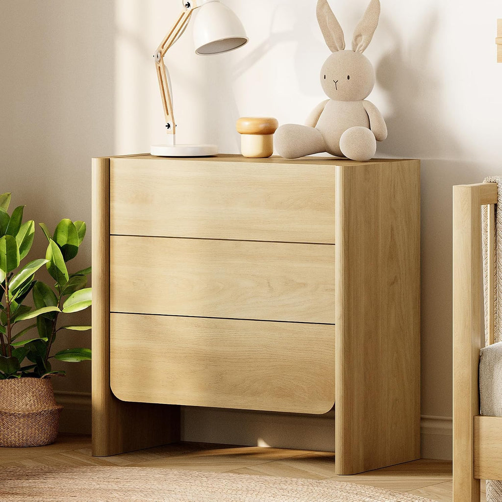 Night Stand with 3 Drawers, Wood Nightstand, Modern Bedside Table with Storage, Side Table & End Table , Rounded Wood