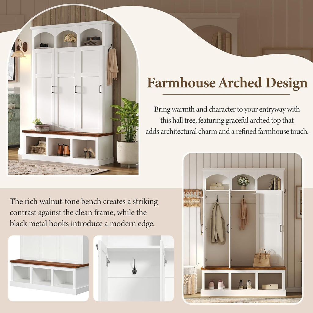 Classic Arched Hall Tree with 3 Hidden Storage, Farmhouse Mudroom Bench with 5 Hooks, Mid-Century Entryway Organizer