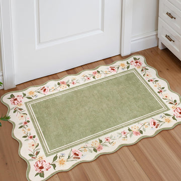 Floral 2x3 Rug, Green Kitchen Rugs Washable Scalloped Bathroom Rug
