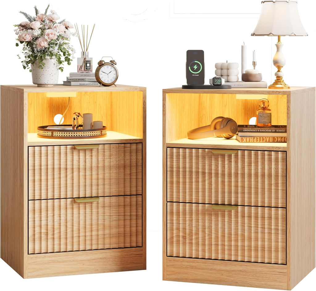 Night Stand Set 2, LED Nightstand with Charging Station, Fluted Nightstands Set of 2 with 2 Drawers, Wood Side Table