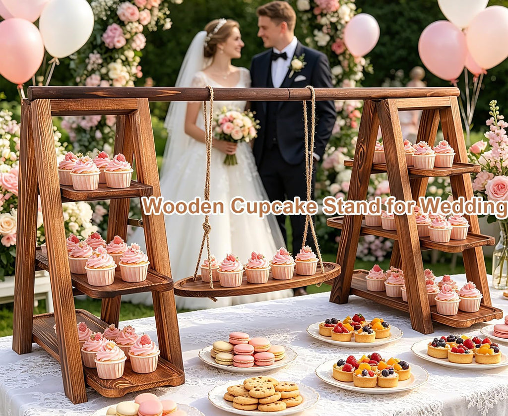 3 Tier Swing Wooden Cupcake Stand, Foldable Removable Serving Platter Tray | Rustic Party Food Display Stand, Dessert