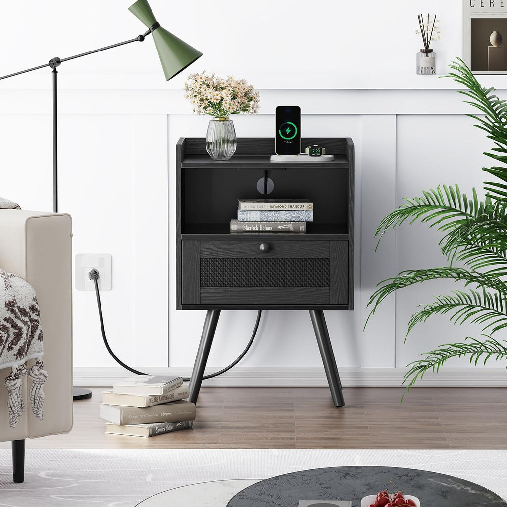 Nightstands with Charging Station, Bedside Table Set of 2 with Texilene Surface Drawers, Rattan Side Table with