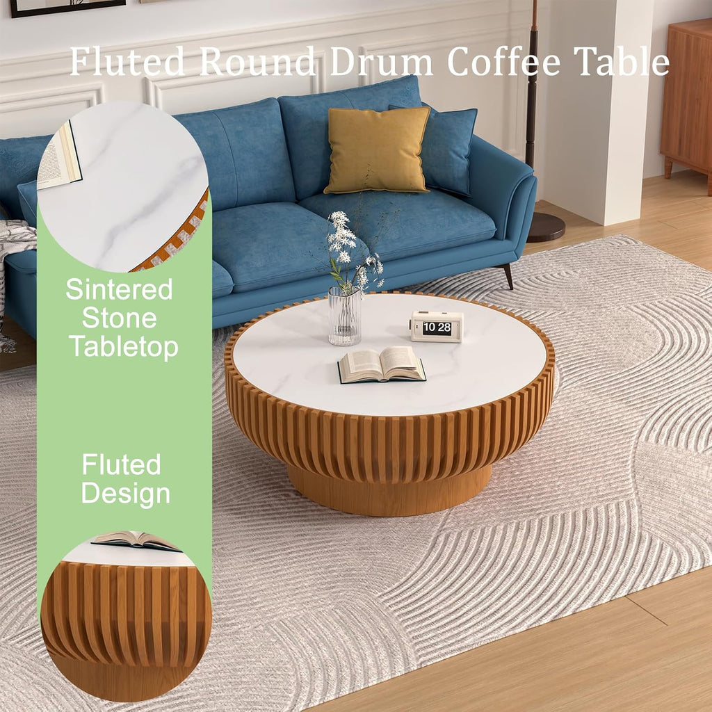 Modern Round Coffee Table, Faux Marble Sintered Stone Drum Table, Contemporary Center Table for Living Room, White Sto