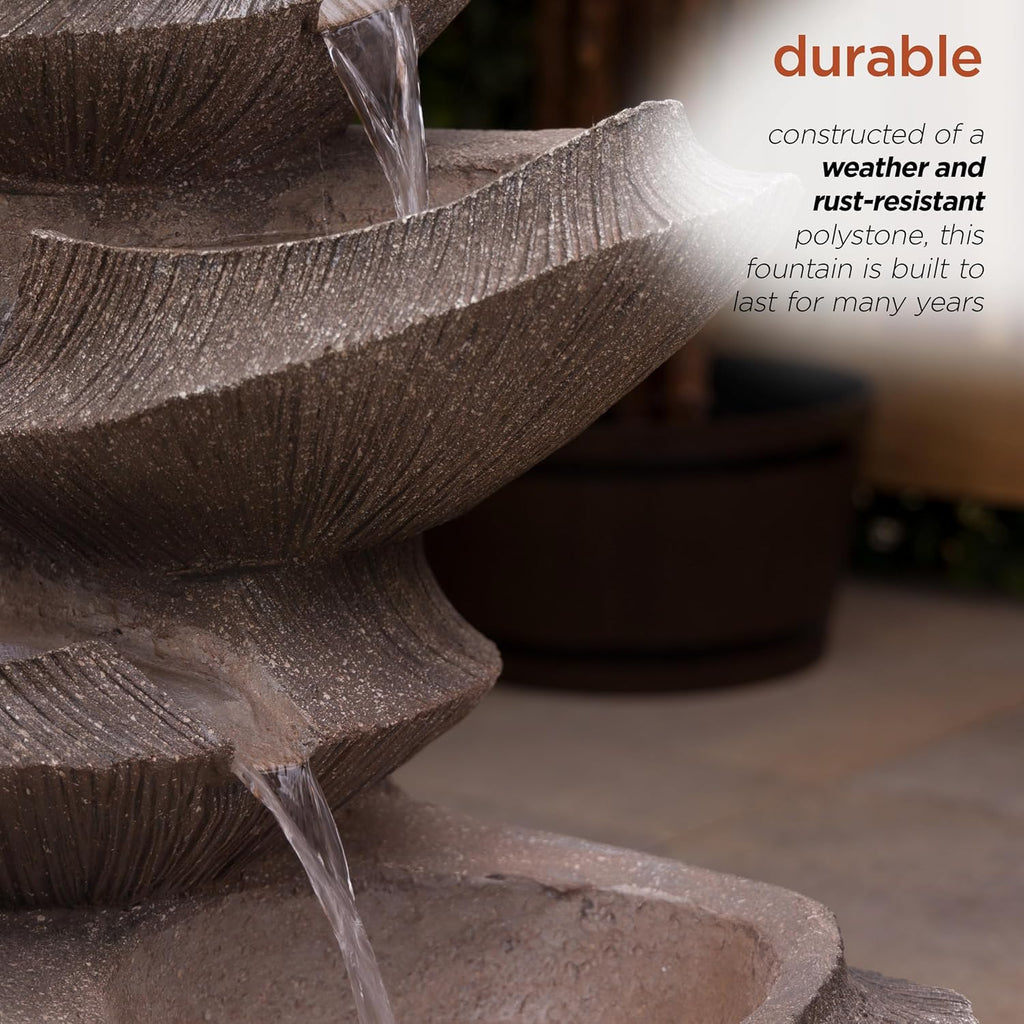 Outdoor Floor Tiered Basin Fountain with LED Lights, Modern Basin Garden Fountain 31", Brown