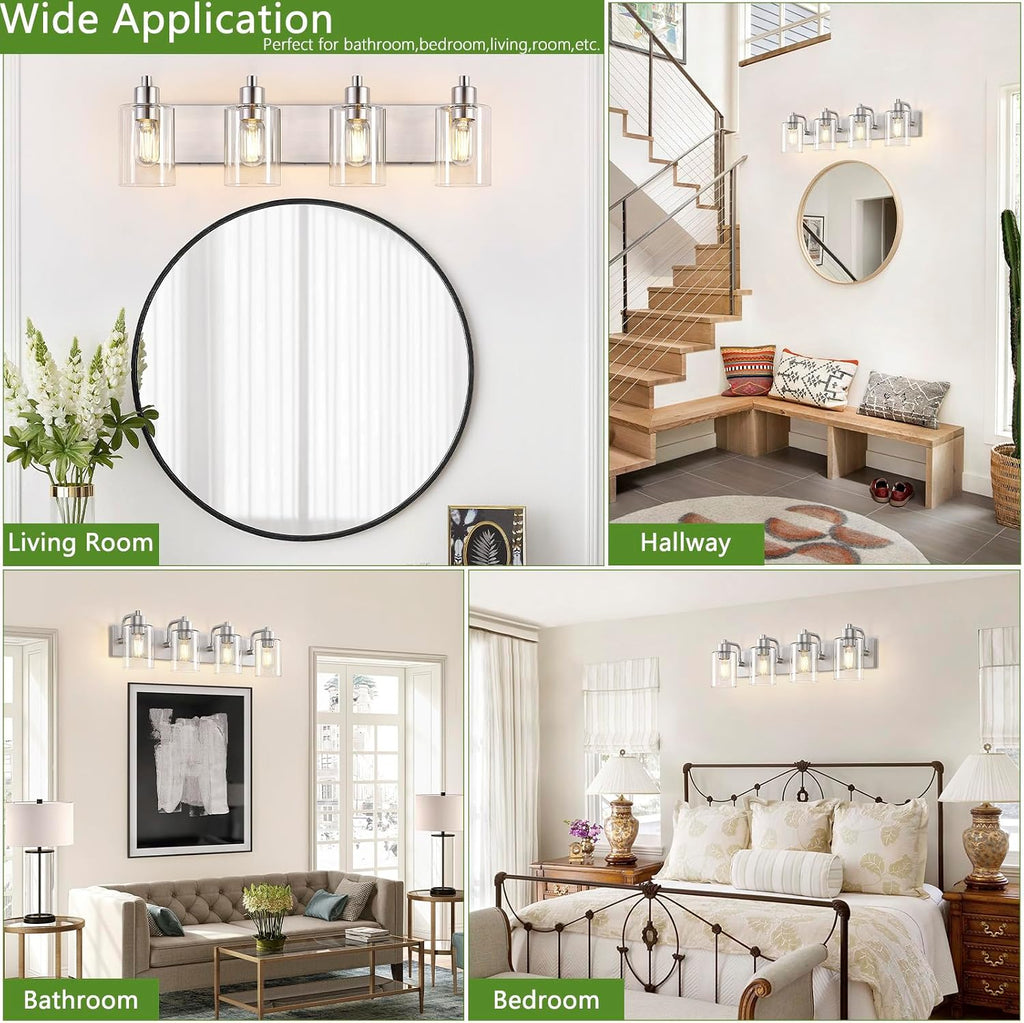 Brushed Nickel Bathroom Light Fixtures, Wall Mounted 4-Light Bathroom Lights Over Mirror with Clear Glass Shade,Wall