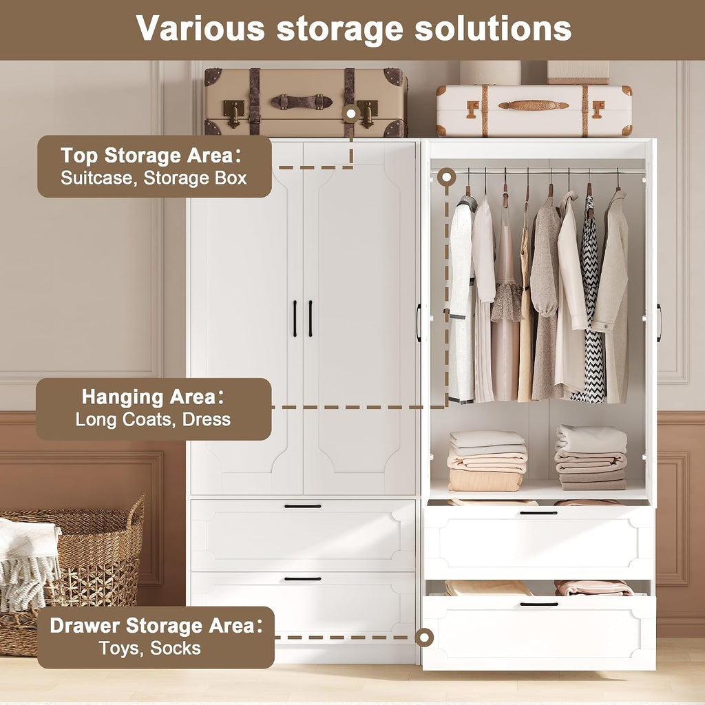 71''H Armoire Wardrobe Closet with 2 Doors and 2 Drawers | Modern Clothing Storage Cabinet with Hanging Rod, Wooden