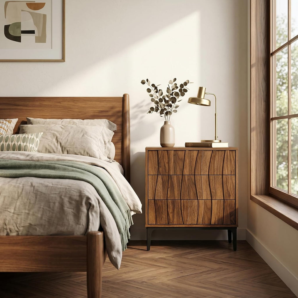 Mid-Century Modern Walnut Nightstand, Wide Bedside or Side Table with 3 Drawers, Sculpted 3D Wave Front, Push-to-Open