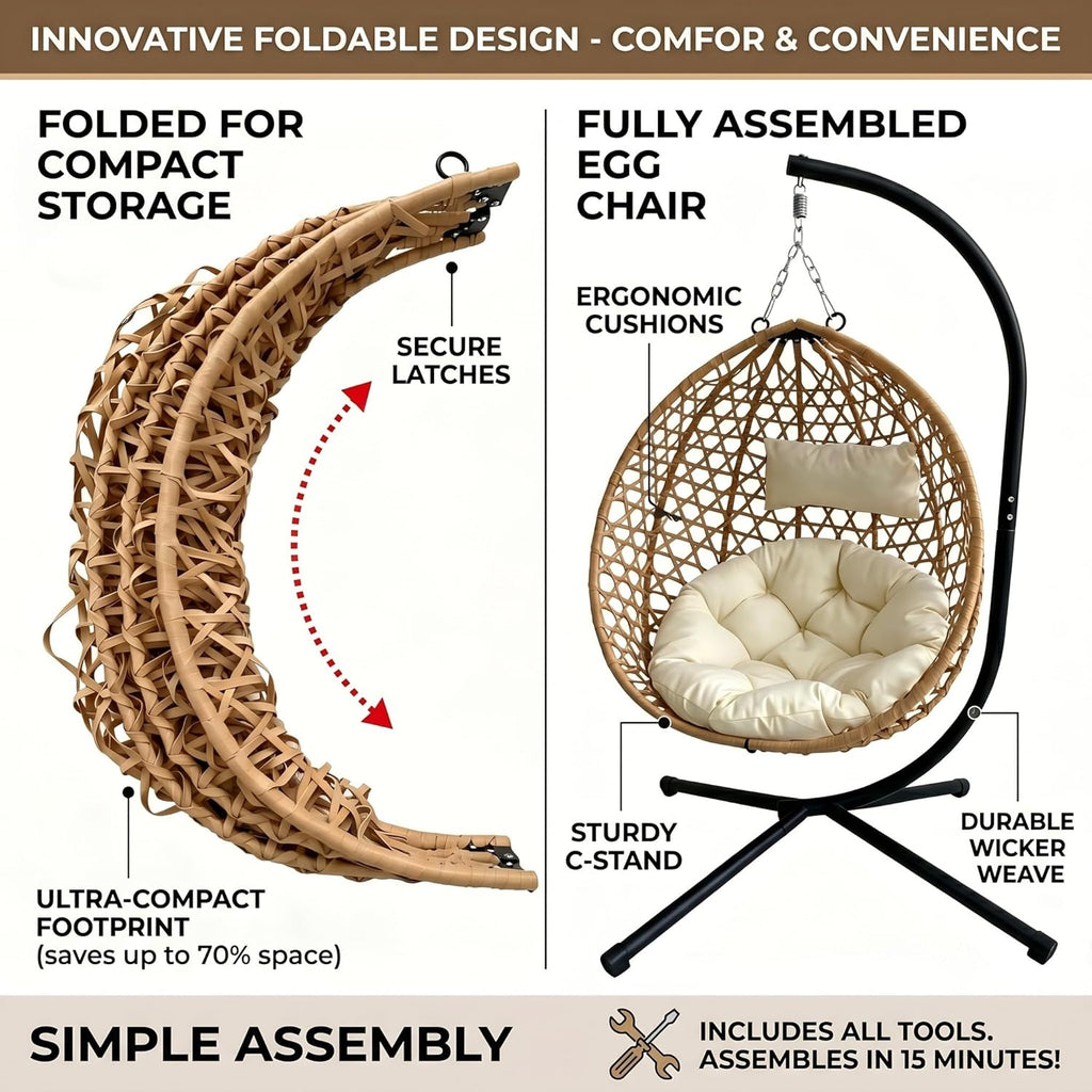 Hanging Egg Chair with Stand, Indoor Outdoor Foldable Hammock Chair with Cushion, HDPE Rattan Wicker Hanging Chair