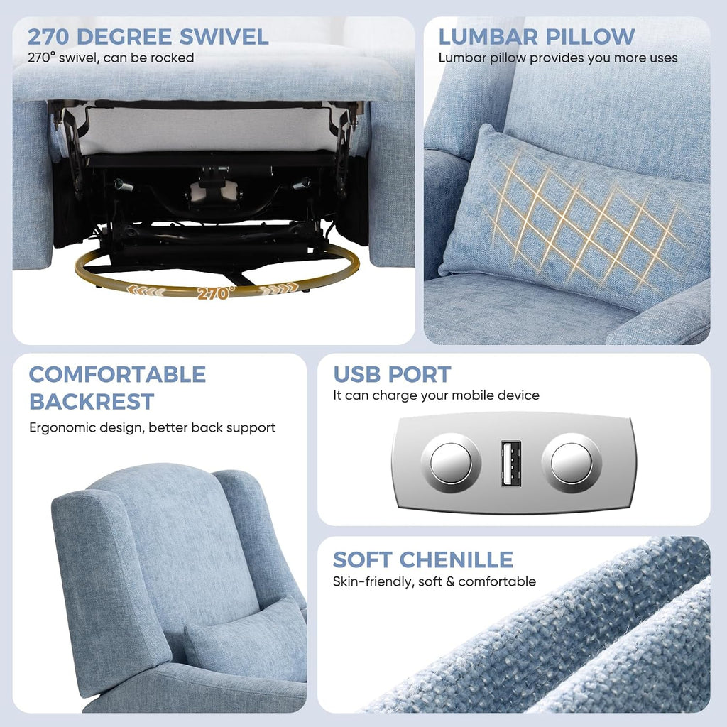 Large Power Recliner Chair Swivel Glider with Ottoman, Blue | Chenille Nursery Glider with USB Charging Port & Lumbar