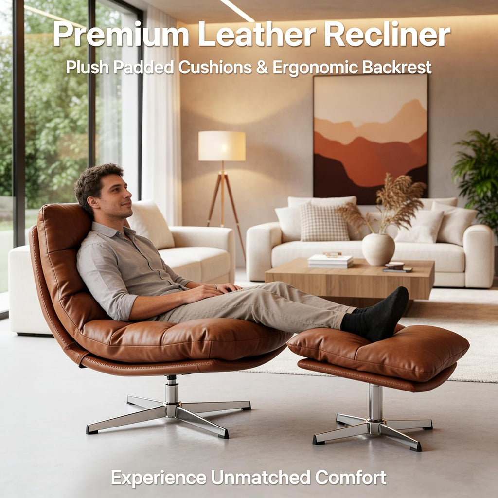 Modern Reading Chair and Ottoman — Brown PU Leather