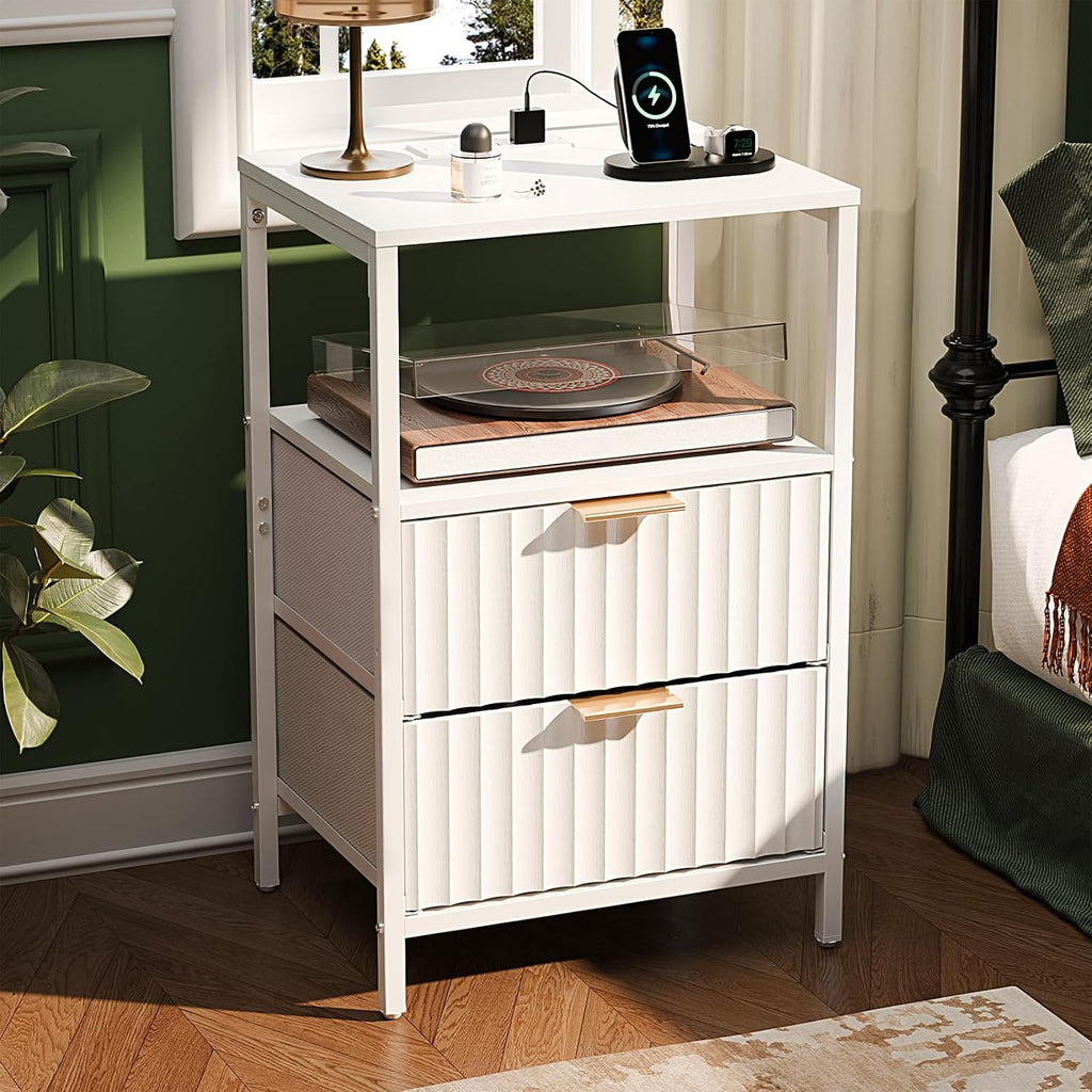White Nightstands Set of 2 with Fabric Drawers, Fluted Nightstand with Charging Station, Night Stand Set 2 White Side