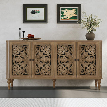 63" Retro Arc Carved Sideboard Buffet Cabinet, 4 Craft Doors Wooden Accent Credenza for Living Room, Dining Room