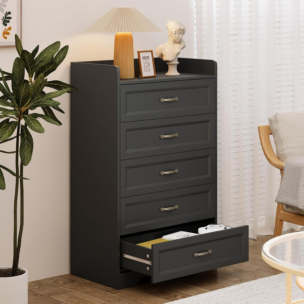 5 Drawer Dresser, 44.3" H Chest of Drawers, Black Dresser , Modern Wood Storage Cabinet with with Large Capacity