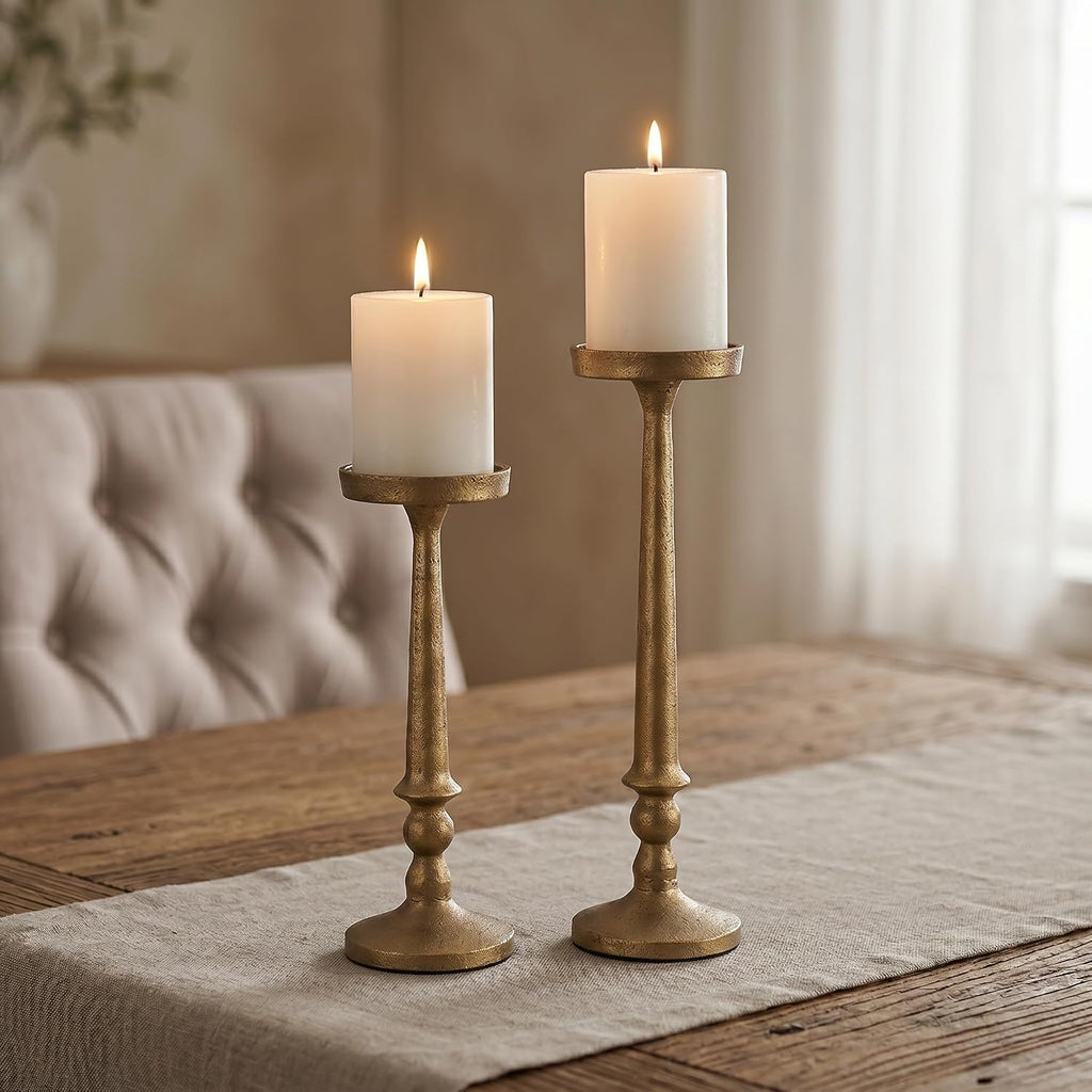 Vintage Iron Pillar Candle Holders Set of 2 12.2" & 10" Tall Candleholders - Rustic Brass Candle Stands - Dining