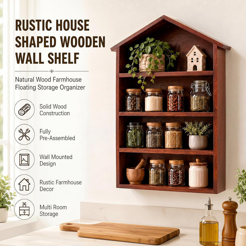 Rustic Natural Wood House Shaped Spice Rack Wall Mounted Floating Shelves Storage Organizer Countertop Farmhouse