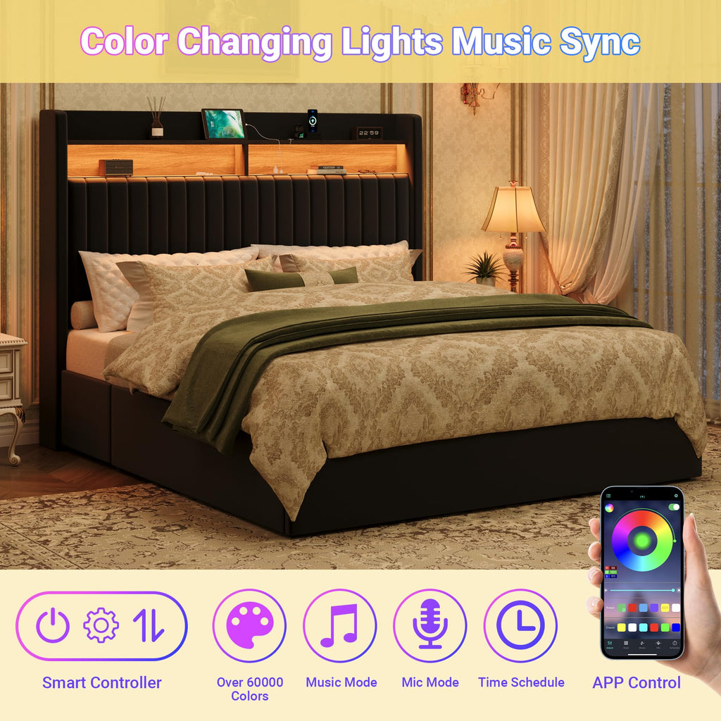Queen Upholstered Platform Bed Frame with 3 Spacious Storage Drawers, Built-in LED Lights & Charging Station