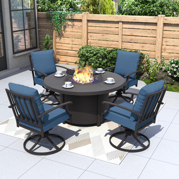 5 Piece Metal Moden Outdoor Patio Furniture Set with Round Fire Pit Table, Patio Conversation Sets 4 Swivel Chairs