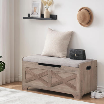 Storage Chest, Lift Top Storage Trunk with 2 Safety Hinges, Barn Style Organizer, Wooden Entryway Bench with Seat