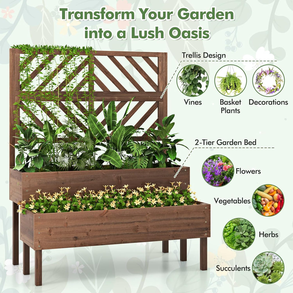 Raised Garden Bed with Trellis & 2 Planter Boxes, 2-Tier Outdoor Wooden Elevated Planter Box with Legs & Drainage