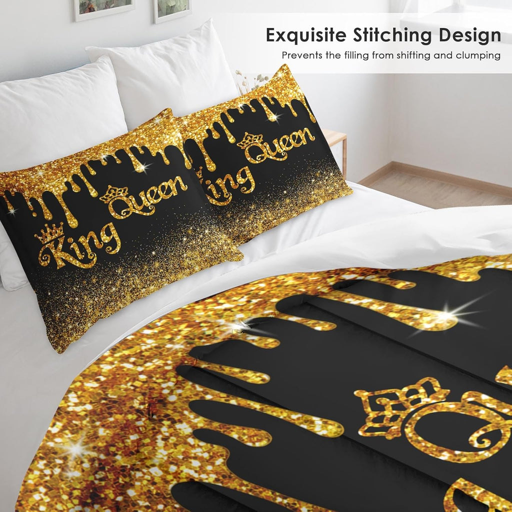 Comforter Set Queen, King Queen Black Gold 3 Pcs Soft Bedding for Kids and Adults