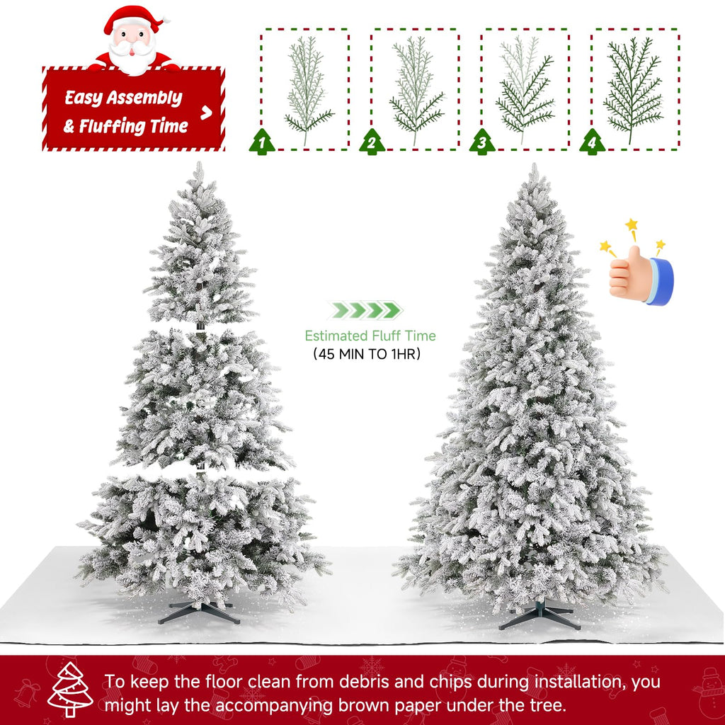6.5ft Pre-Lit Flocked Christmas Tree with 360° Rotation, Remote Control, Warm White & Multi-Color Lights, Built-in