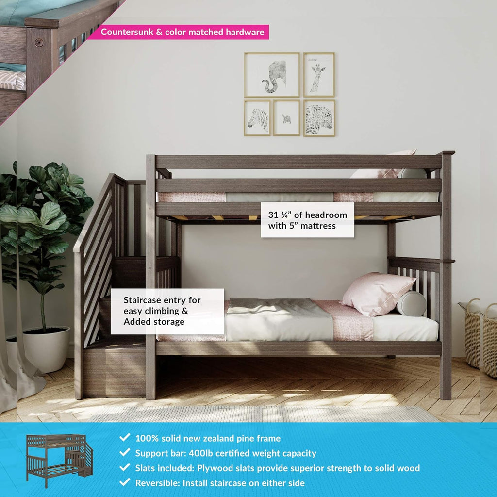 Bunk Bed, Twin-Over-Twin Bed Frame For Kids With Stairs, Clay