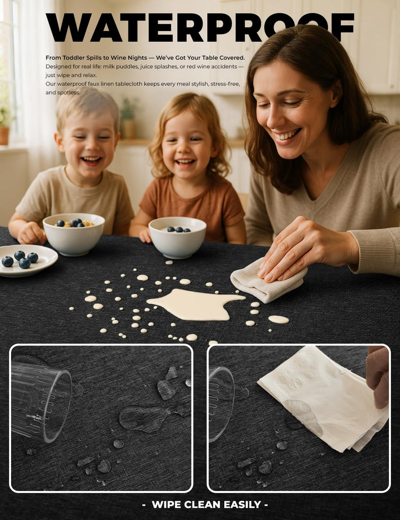 Black Extra Long Cloth Tablecloths for Rectangle Tables, Waterproof Reusable Dinning Table Cover Protector for