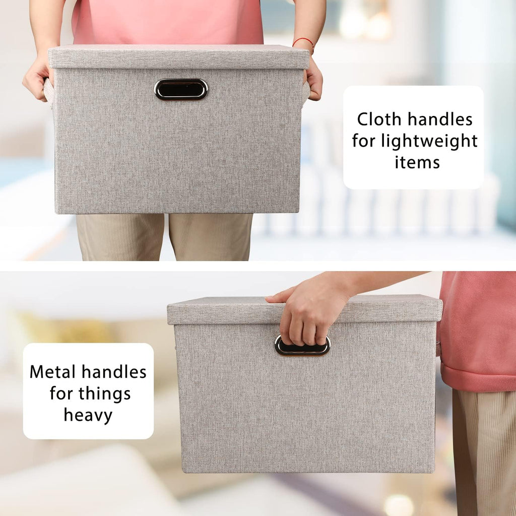 Large Quart Collapsible Stackable Storage Bins with Lids, 3 Packs Beige Linen Fabric Closet Boxes with Lids, Storage