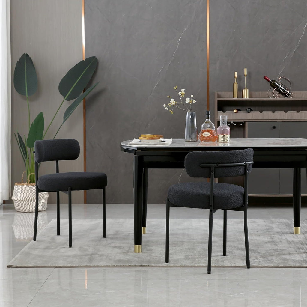 Black Boucle Dining Chairs Set of 2, Mid Century Modern Kitchen Chairs with Curved Backrest and Metal Legs