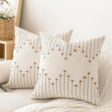 Boho Throw Pillow Covers 18x18 Set of 2 Neutral Decorative Textured Cushion Case Farmhouse Pillowcase Modern Square