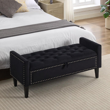 47" Velvet Storage Bench, Upholstered Bed Bench with Storage, End of Bed Ottoman with Wooden Legs,Bedside Storage