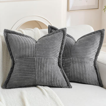 Pack of 2 Corduroy Throw Pillow Covers 20x20 Inch, Dark Grey